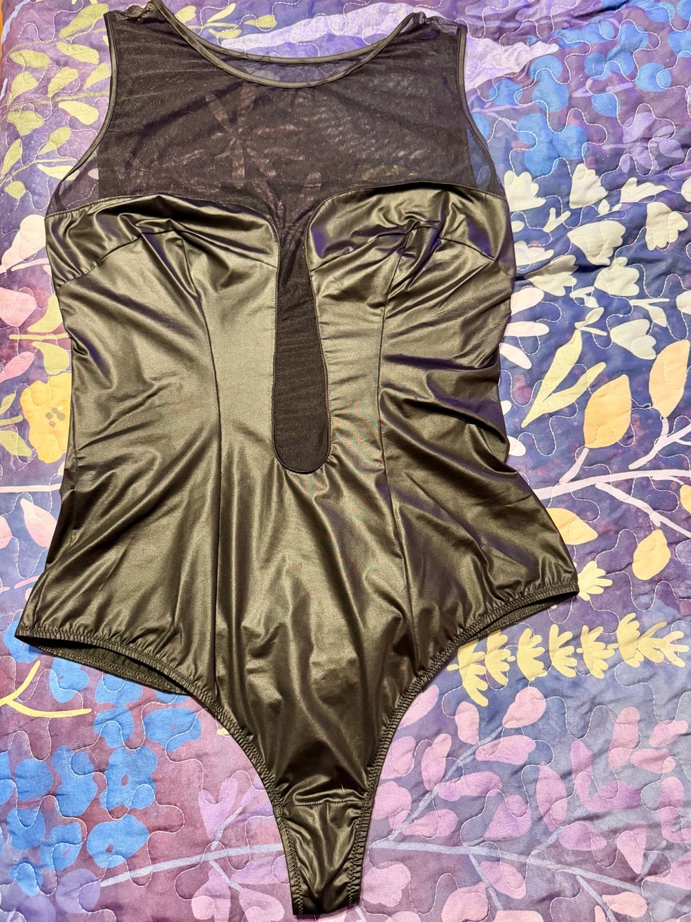 Jolidon Black Sheer-Top wet look One-Piece Bodysuit